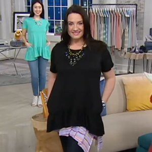 LOGO Lori Goldstein Large L Black Cotton Modal Drop Waist Ruffle Knit‎ Top Tunic